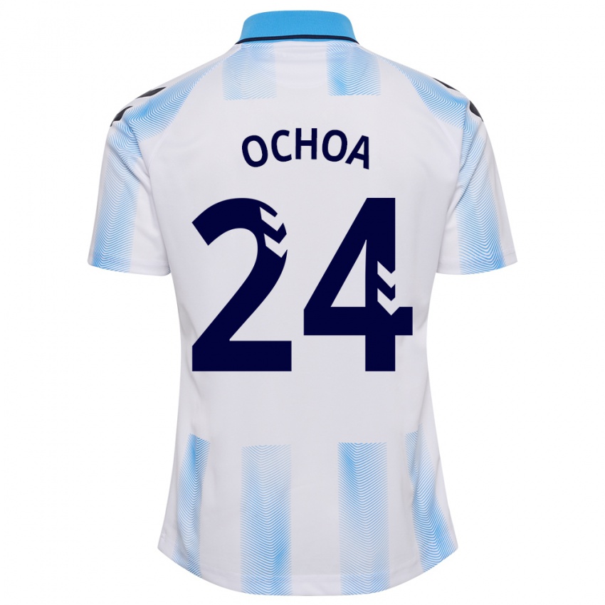 Hombre Camiseta Aarón Ochoa #24 Blanco Azul 1ª Equipación 2023/24 La Camisa México
