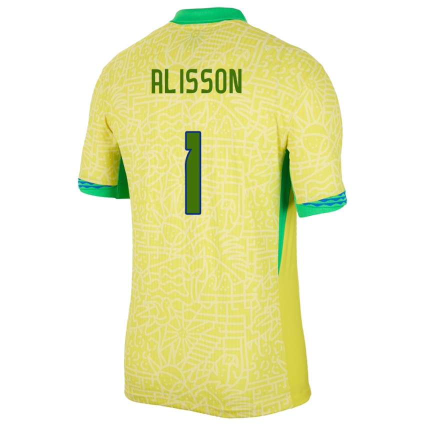 Hombre Camiseta Brasil Alisson #1 Amarillo 1ª Equipación 24-26 La Camisa México