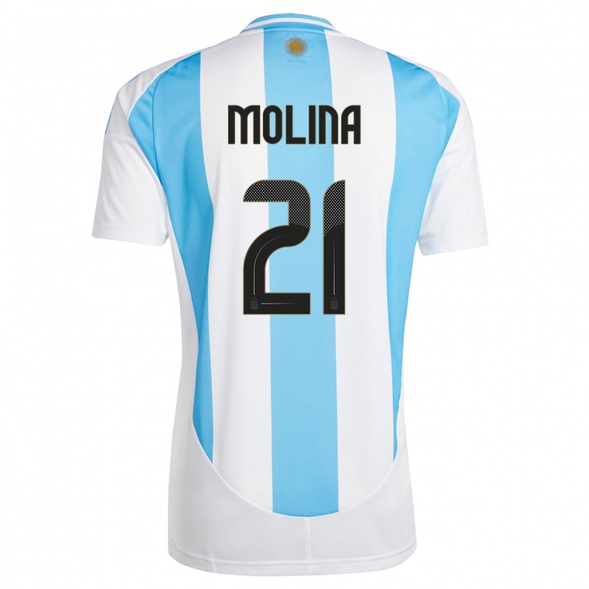 Mujer Camiseta Argentina Nahuel Molina #21 Blanco Azul 1ª Equipación 24-26 La Camisa México